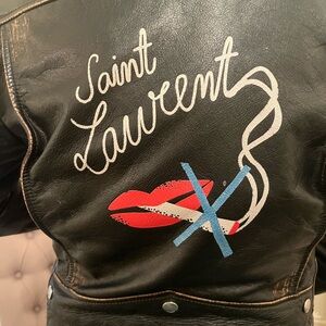 Saint Laurent Black Leather Biker Jacket with No Smoking Jacket Graphic